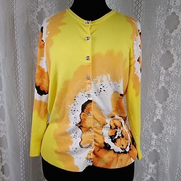 Nue Options Sunshine Yellow Floral Women Sweater Size L - Picture 2 of 16